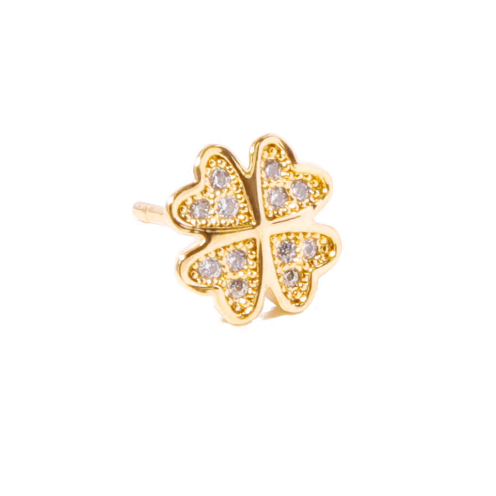 jewelry ทอง 18k ขนาดเล็กและประณีตต่างหูเพทายหญิงสไตล์เกาหลีสี่ใบโคลเวอร์ 418e