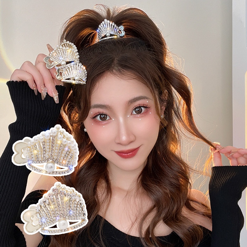 กิ๊บติดผม รูปมงกุฎ ประดับไข่มุก พลอยเทียม หรูหรา เหมาะกับของขวัญ สําหรับผู้หญิง