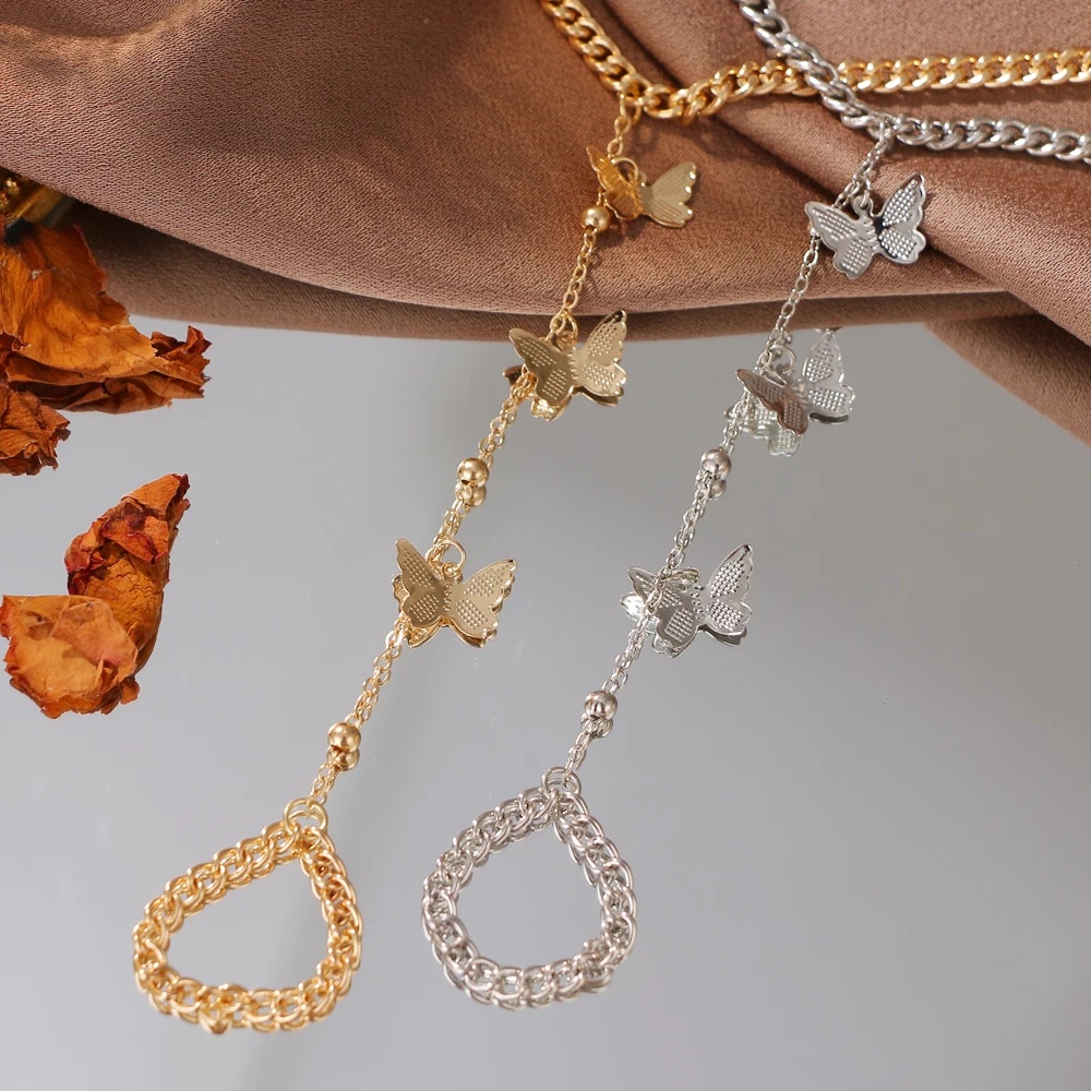 [ของขวัญ] สร้อยข้อมือแหวนนิ้วมือรูปผีเสื้อสไตล์โบฮีเมียนวินเทจสําหรับผู้หญิงและผู้ชาย