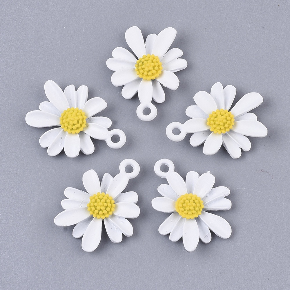 จี้ดอกไม้ พ่นสีสเปรย์ โลหะผสม สีขาว 23.5x19.5x6 มม. รู 1.8 มม. 5 ชิ้น