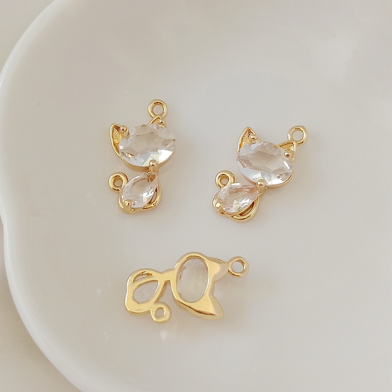 จี้สร้อยคอ สร้อยข้อมือ ต่างหู ทองแดง ชุบทอง 14K ฝังเพทายใส รูปแมว สุนัขจิ้งจอก DIY