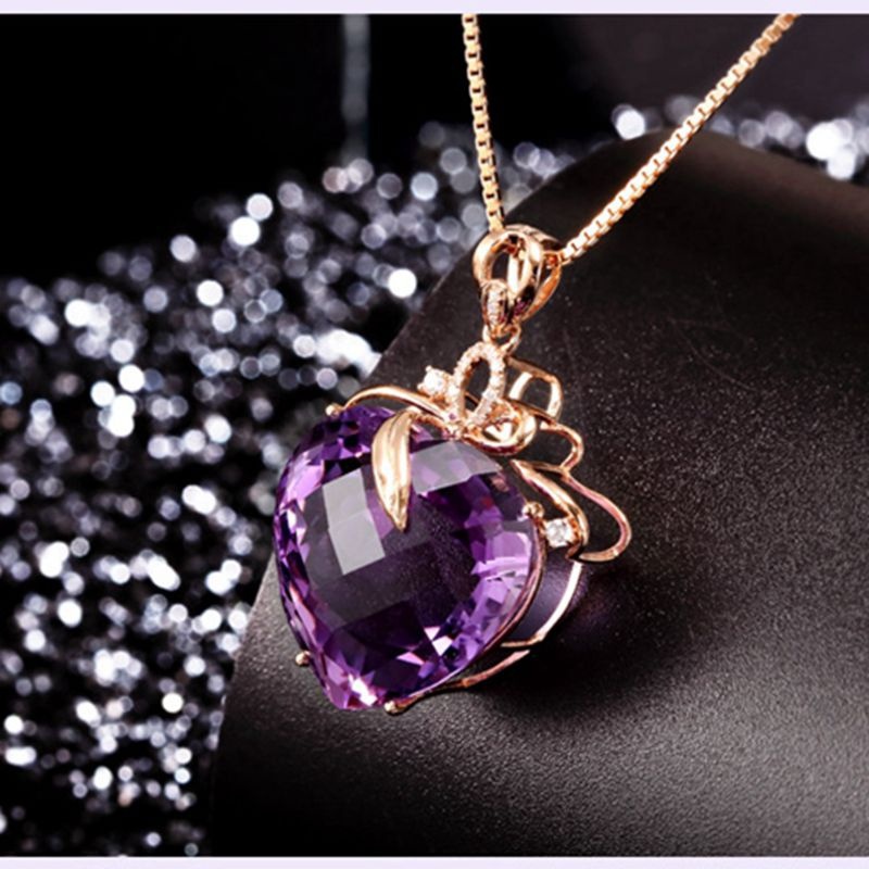 จี้สร้อยคอแฟชั่นสตรีหรูหรารูปหัวใจอเมทิสต์สีทอง 18K