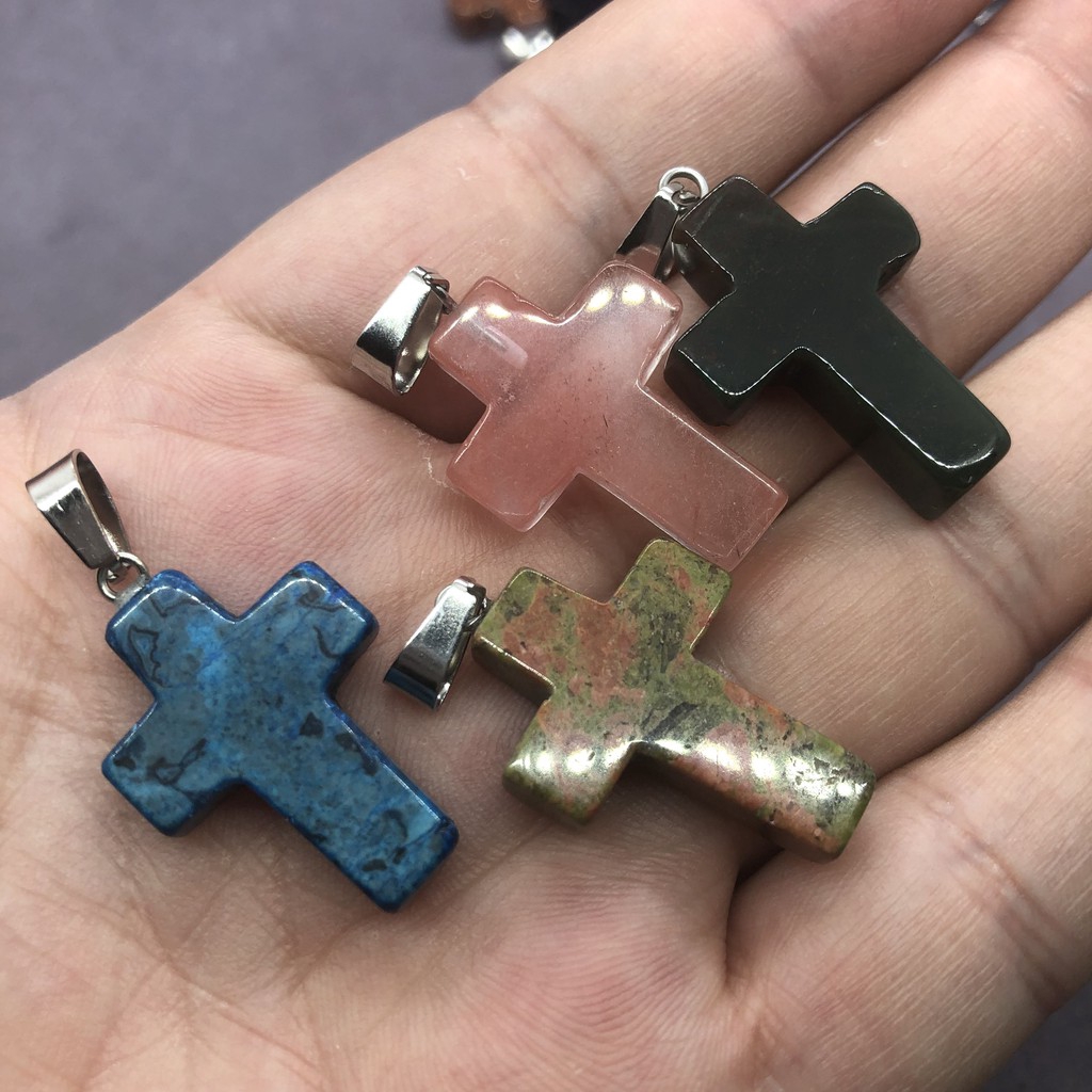 จี้หินธรรมชาติข้ามจี้อุปกรณ์ DIY สร้อยคอหินทรายสีฟ้าอาเกต Cross pendant