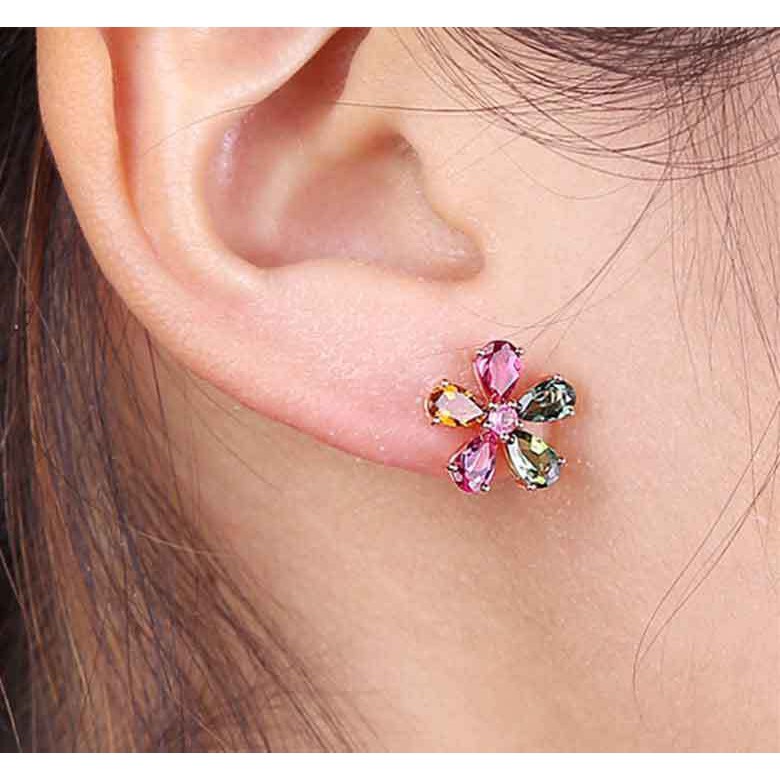 ต่างหู สีทอง จี้ดอกไม้ ประดับพลอย เพชร 18 สี de2-2936