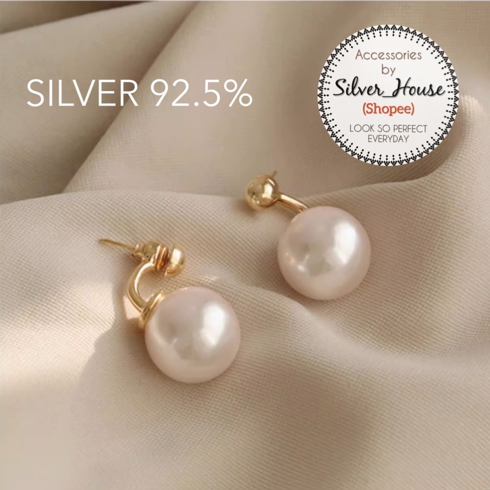 ต่างหูเงินแท้ 92.5% Front&Back ห้อยมุก16mm. ชุบสีทอง สวยหรูมากค่ะ