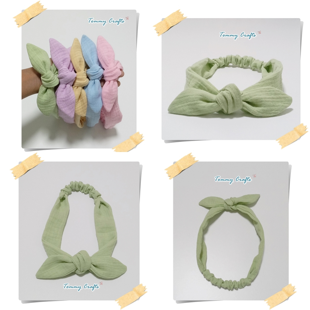 ผ้าคาดผมโบว์ผ้าฝ้ายอัดยับ ไซส์ผู้ใหญ่/เด็ก สีหวาน เขียว/ม่วง/เหลือง/ฟ้า/ชมพู cotton Hairbands