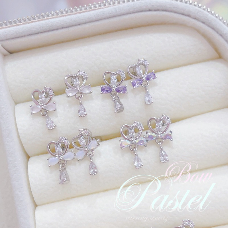 พร้อมส่ง    Bow pastel (2B) ต่างหูเงินแท้92.5%      ไม่ใช่หลักสิบ !  เจ้าหญิง ต่างหู ต่างหูหัวใจ เพชร จิวต่างหู