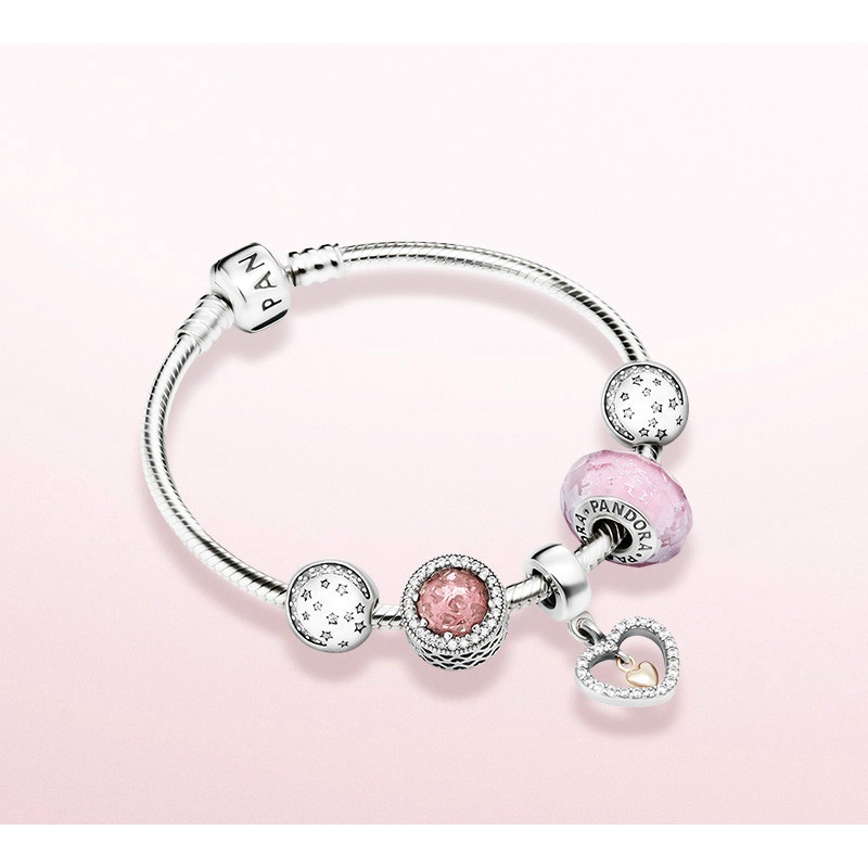 พร้อมส่ง PANDORA สร้อยข้อมือเงิน 925 ประดับกลิตเตอร์ สีชมพู สําหรับผู้หญิง