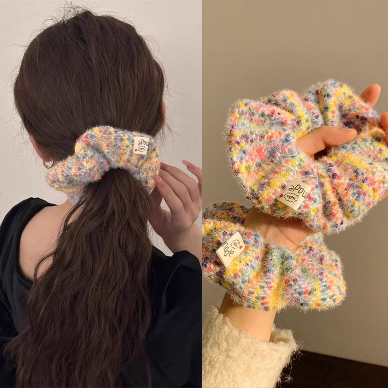 ยางรัดผม ผ้าวูล แต่งลูกไม้ ขนาดใหญ่ สีสันสดใส สําหรับเด็กผู้หญิง