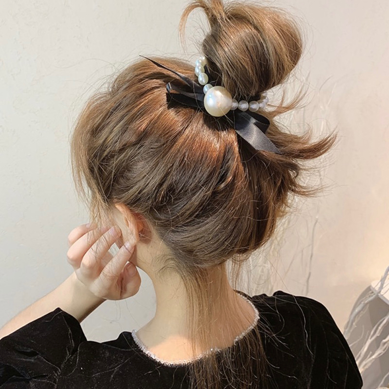 ยางรัดผมมุกโบว์ริบบิ้น Black Pearl Ribbon พร้อมส่งในไมย!!!
