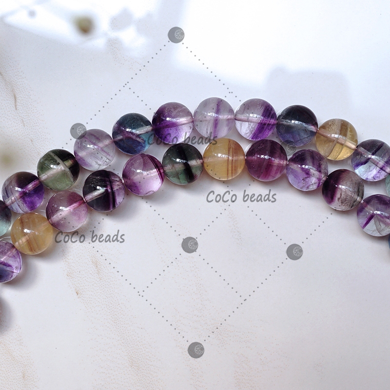 ลูกปัดหินฟลูออไรท์ธรรมชาติ ลายทางสีรุ้ง DIY อุปกรณ์เสริม