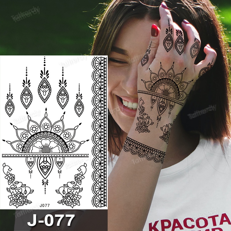 สติกเกอร์รอยสักชั่วคราว ลายลูกไม้ สีดํา กันน้ํา สไตล์อินเดีย สําหรับผู้หญิง