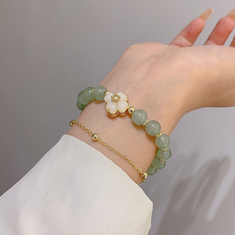 สร้อยข้อมือ ประดับลูกปัดหยกธรรมชาติ ลายดอกไม้ สองชั้น สําหรับผู้หญิง