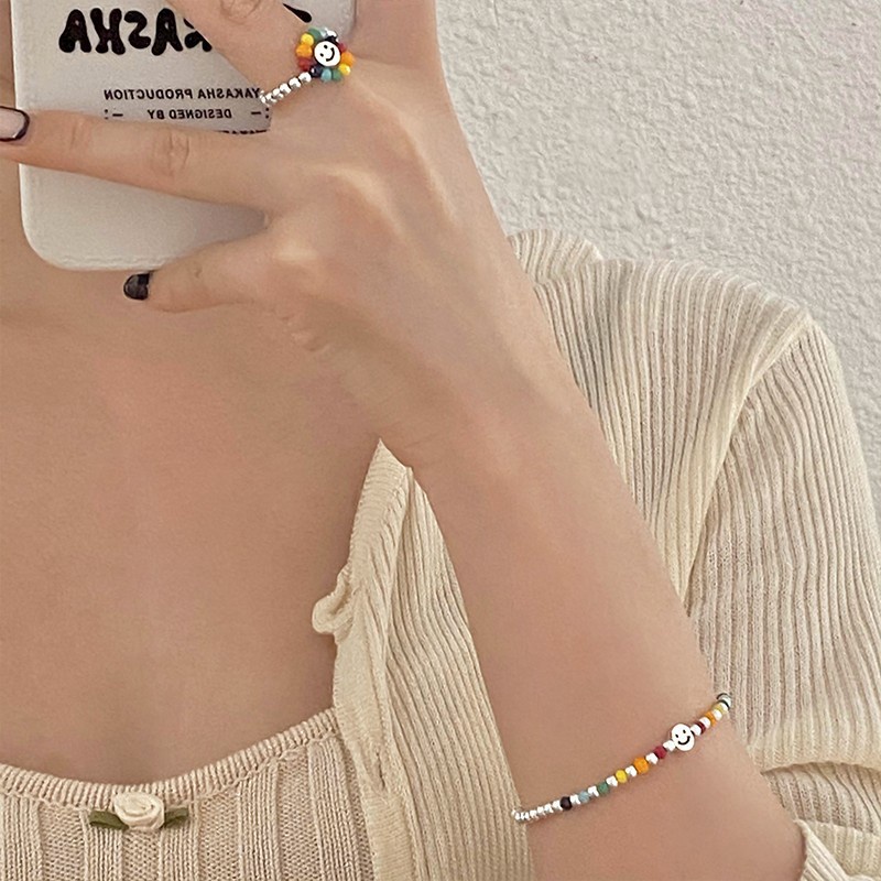 สร้อยข้อมือสร้อยข้อมือแหวนสร้อยข้อมือลูกปัดสีหน้ายิ้มสไตล์วินเทจ Boho
