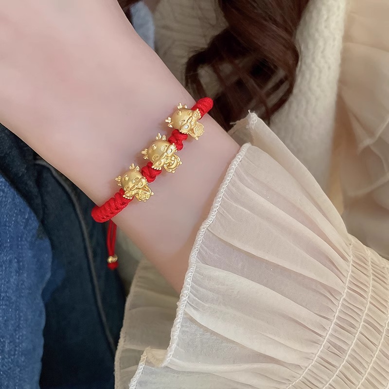 สร้อยข้อมือเชือกถัก สีแดง มังกรทอง ของขวัญปีใหม่ สําหรับผู้ชาย และผู้หญิง