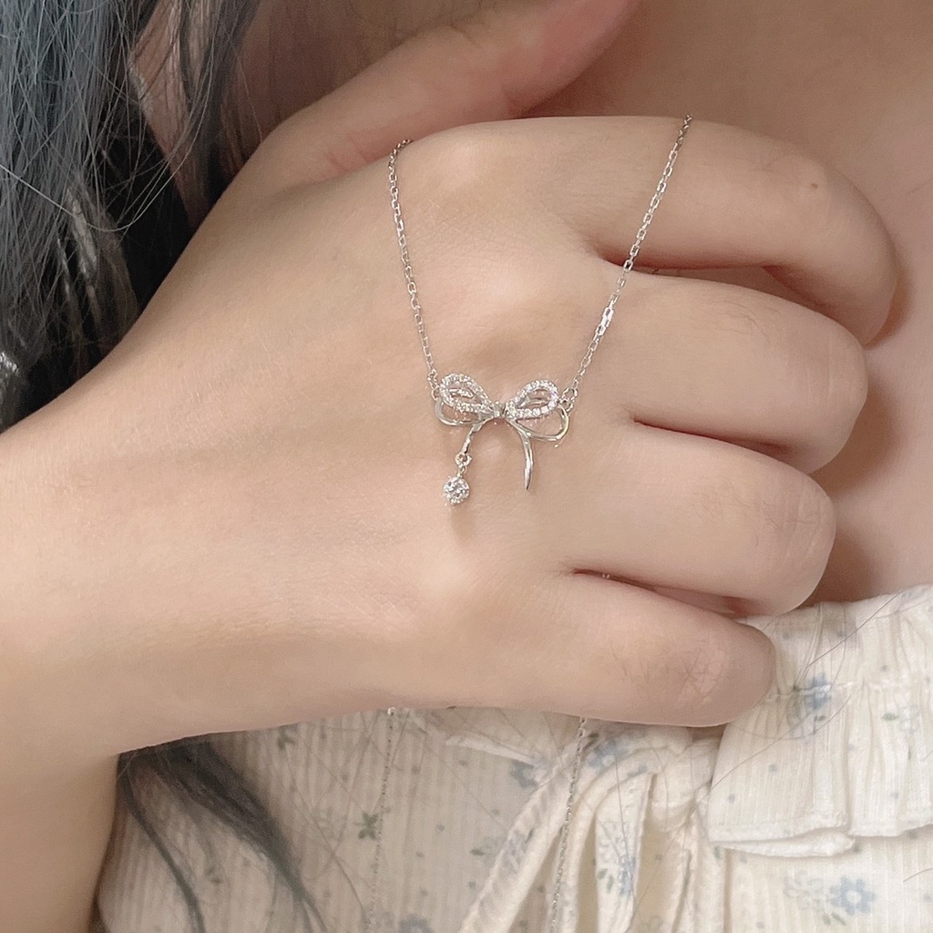 สร้อยคอ สร้อยข้อมือ จี้โบว์ ประดับเพชร สไตล์เกาหลี สําหรับผู้หญิง