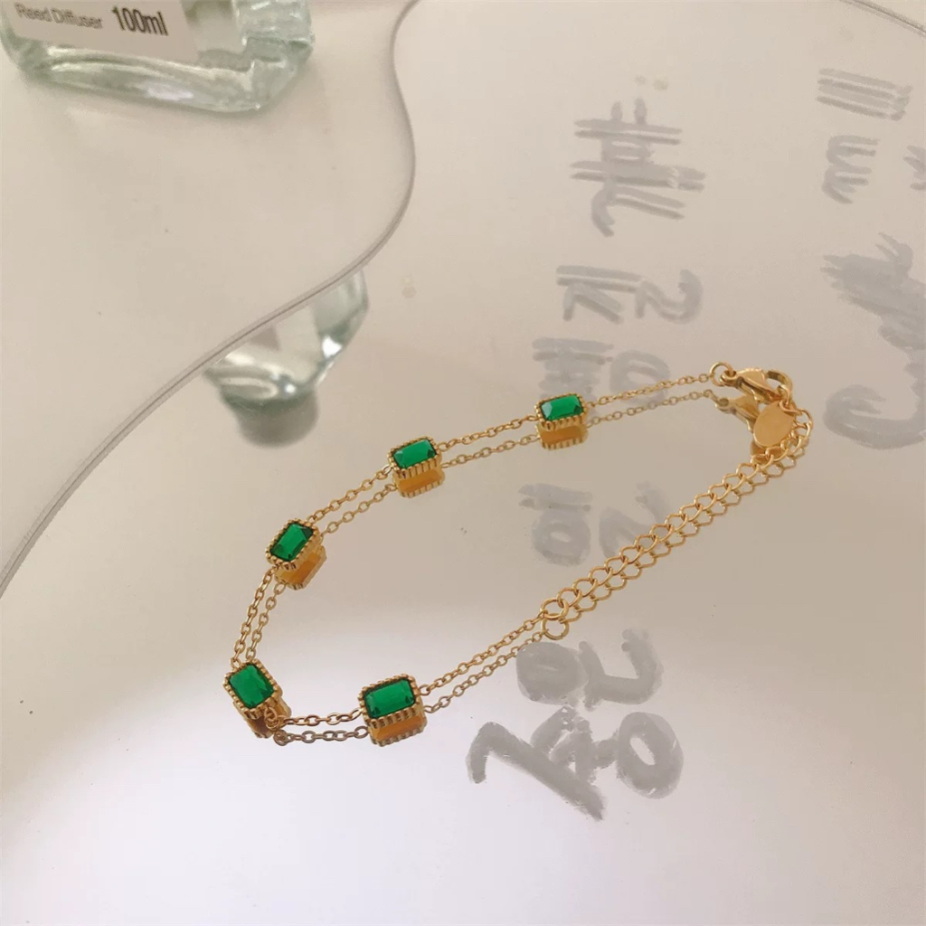 สร้อยคอ สเตนเลส ทอง 18K ประดับเพทาย ทรงสี่เหลี่ยม สีเขียว