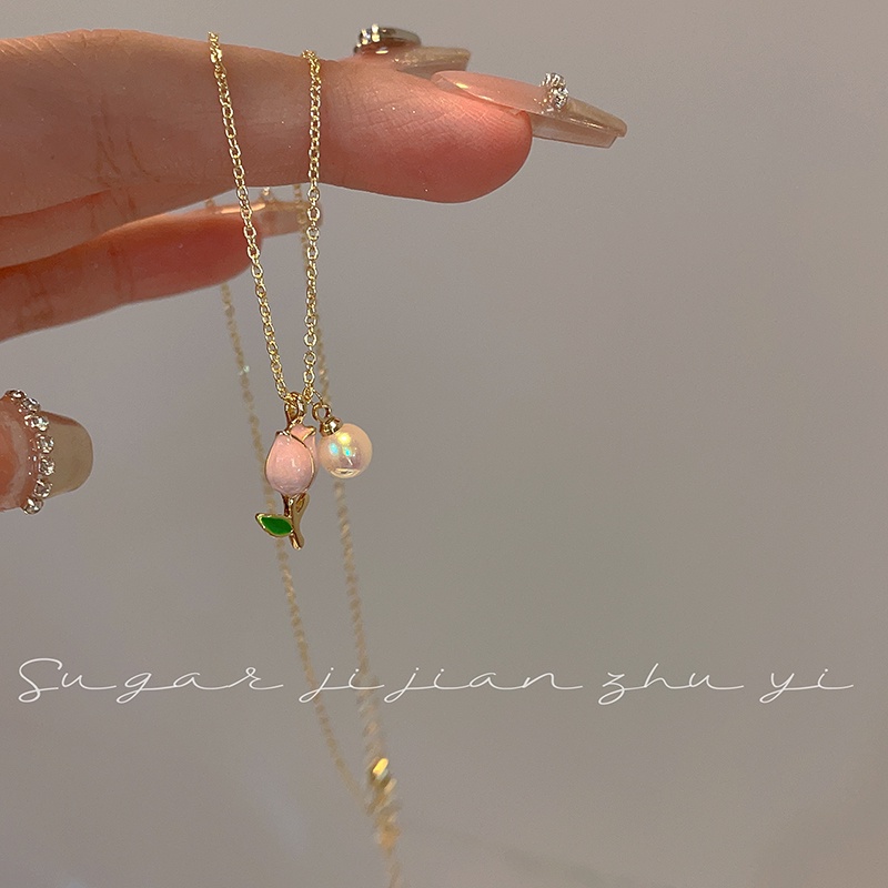สร้อยคอโชคเกอร์ จี้ดอกทิวลิป สีชมพู 17 กม. สําหรับเครื่องประดับ