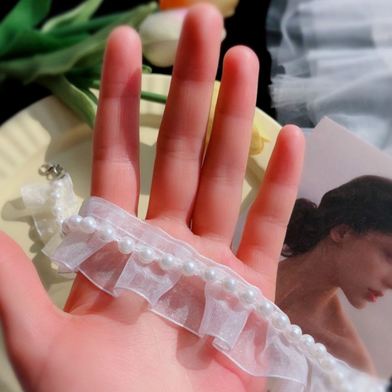 สร้อยคอโชคเกอร์ ประดับไข่มุก สีขาว แต่งลูกไม้ สไตล์วินเทจ