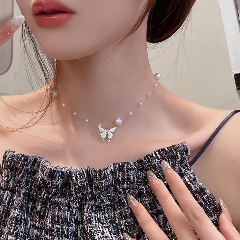 สร้อยคอโซ่ จี้ผีเสื้อ ประดับไข่มุก หรูหรา แบบเรียบง่าย สไตล์เกาหลี 2023