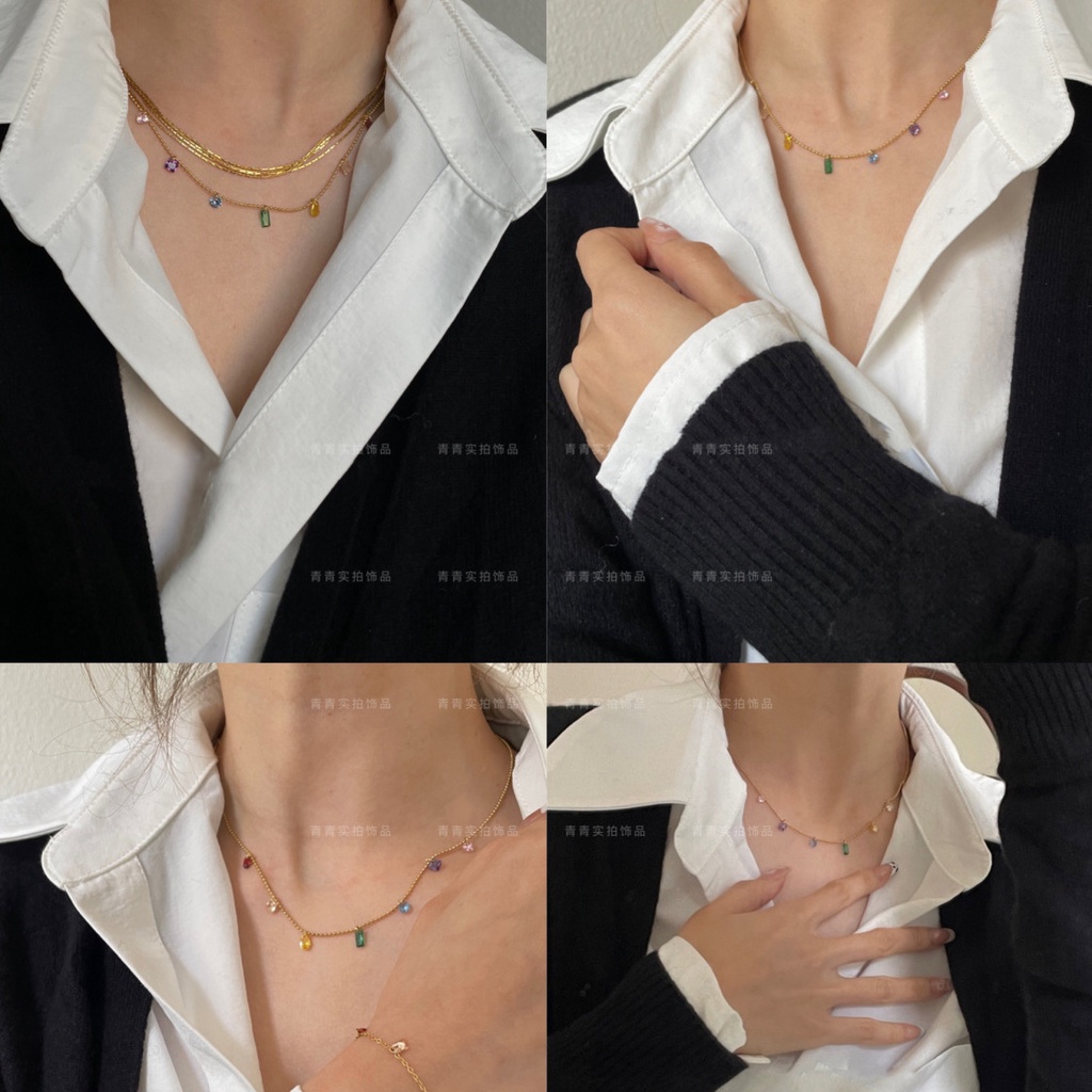 สร้อยคอโซ่ลูกปัดคริสตัล ทรงสี่เหลี่ยม ฝังเพชร สีรุ้ง หรูหรา หลากสี สําหรับแฟนสาว