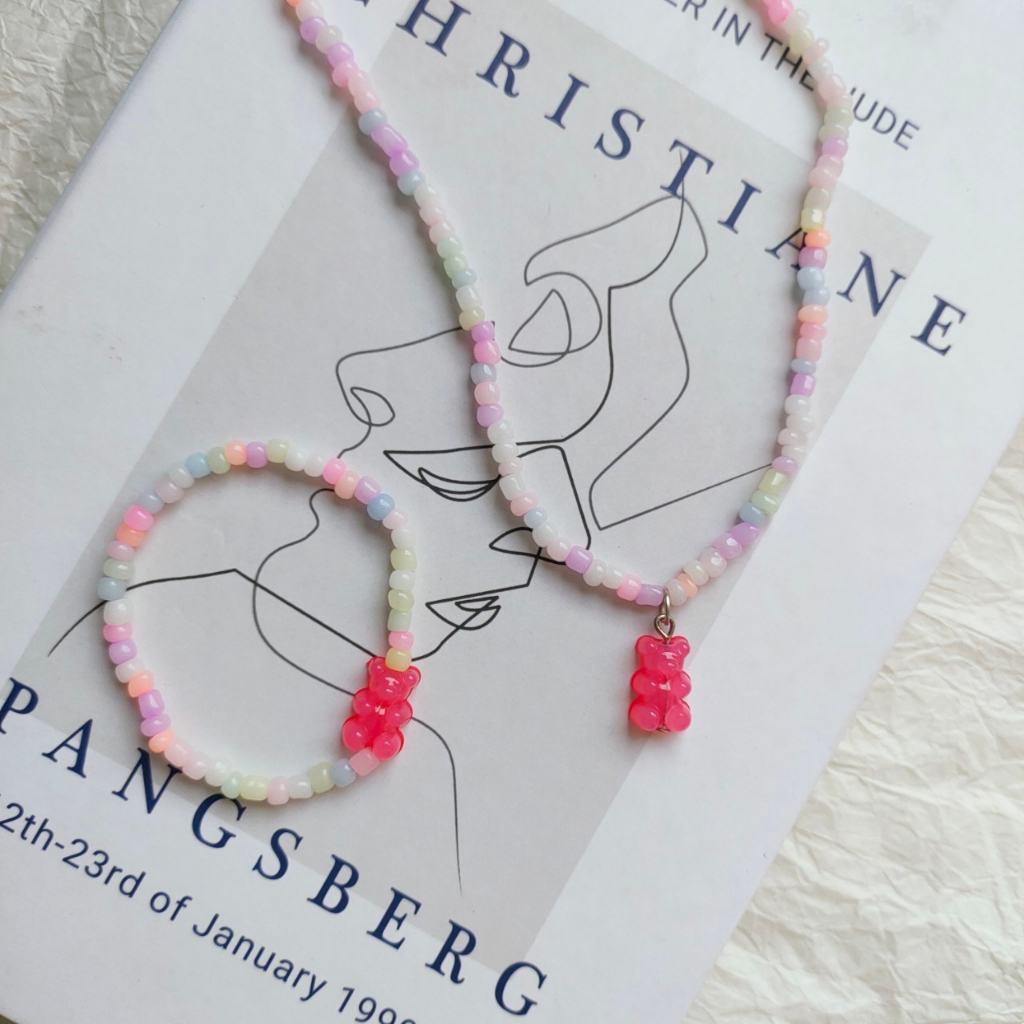 สร้อยลูกปัดเยลลี่ จี้เยลลี่หมี งานจริงสีสวย  สร้อยแฟชั่น Handmade