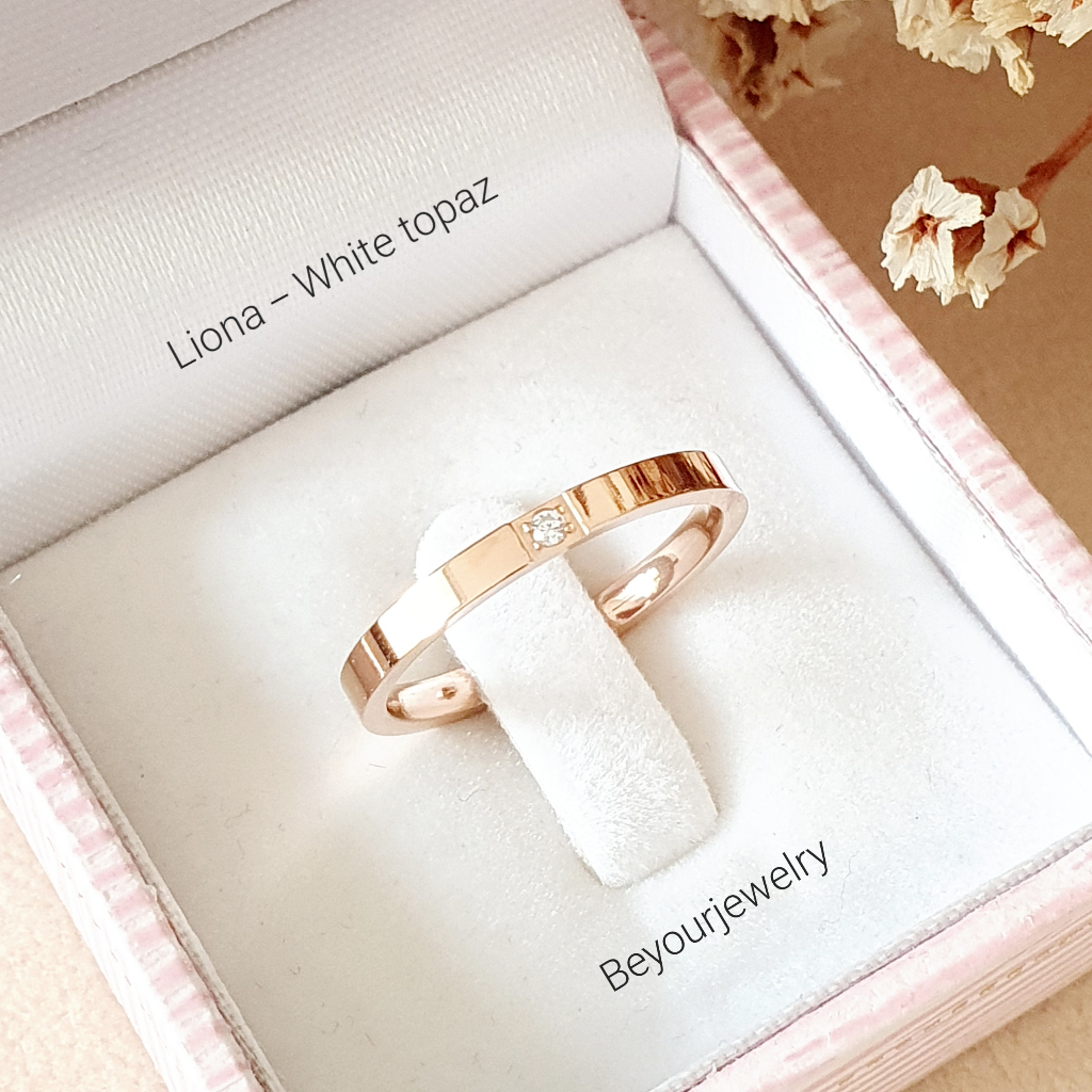สวยปัง Liona ring pink gold แหวนพลอยมินิมอล 2 มิล ขอบเหลี่ยม เสริมดวง ไม่ลอก ไม่ดำ ไม่แพ้