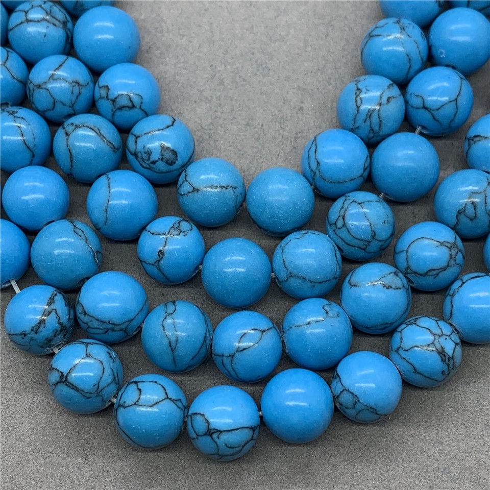 สีน้ำเงินเข้มลาย Howlite Turquoise ประคำ 4-12 มม. กลม DIY หลวมหินธรรมชาติ
