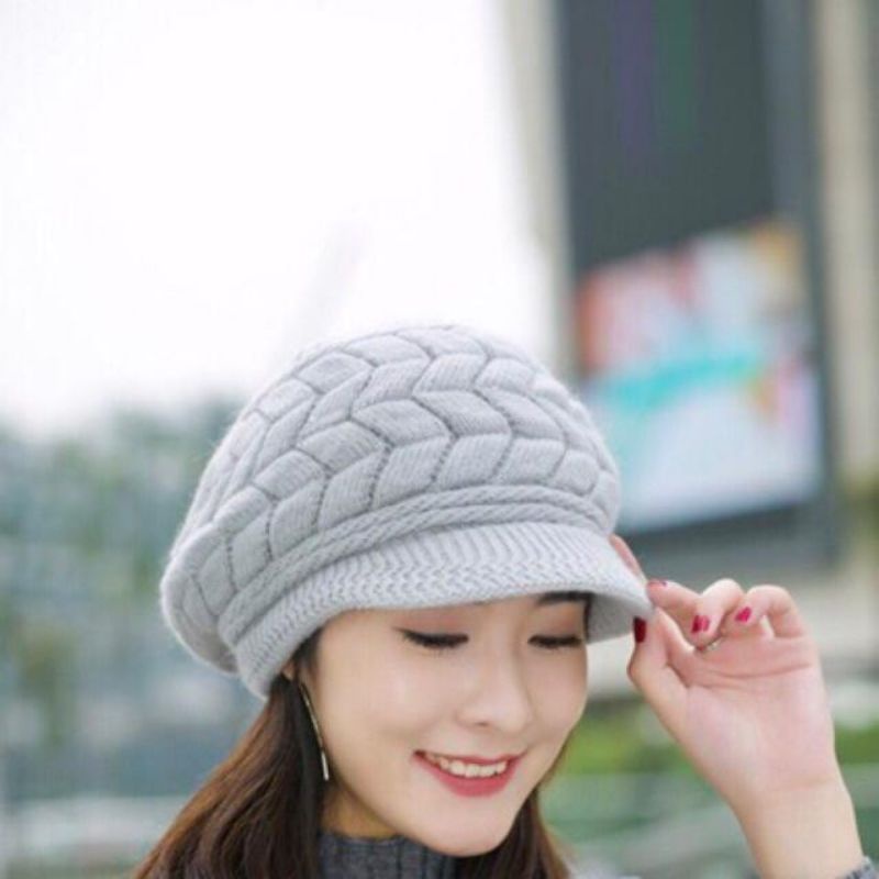 ส่งจากไทย หมวกไหมพรมมีปีก สีเทา บุขนด้านใน ลายโซ่ใหญ่ หมวกกันหนาว หมวกไปต่างประเทศ