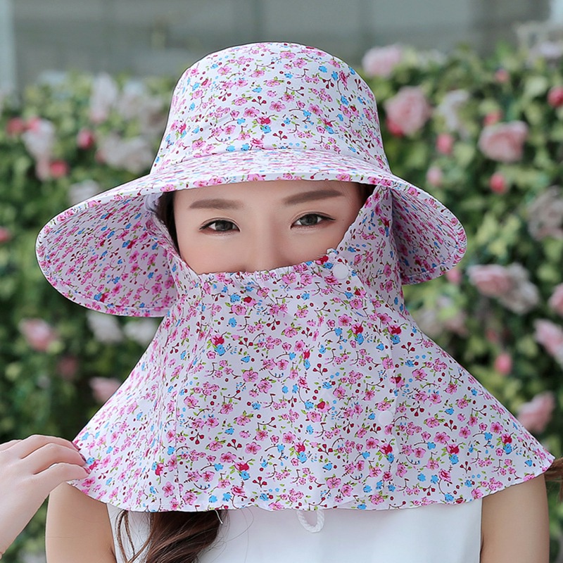 หมวกปีกกว้าง พร้อมหน้ากาก ลายดอกไม้ ป้องกันรังสียูวี กันลม สำหรับทํางานกลางแจ้ง