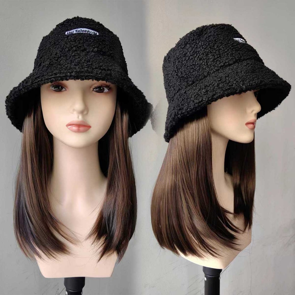 หมวกวิกผมกากี ผมยาวตรง 30cm ผมสีน้ำตาลเย็น ถอดไม่ได้ สวมใส่ง่าย