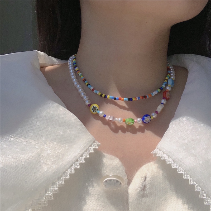 เครื่องประดับผู้หญิงสร้อยคอโชคเกอร์แฟชั่นที่มีสีสันตกแต่งลูกปัดดอกไม้