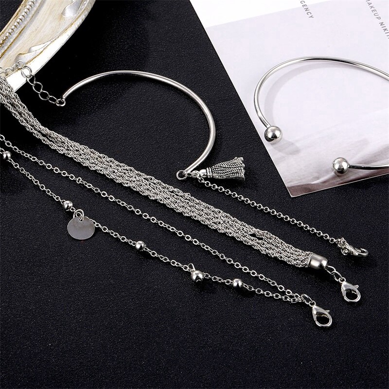 เครื่องประดับสร้อยข้อมือกําไลข้อมือโลหะสีเงินสไตล์โบฮีเมียน 4 ชิ้น/ชุด 2020