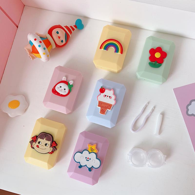 เคสคอนแทคเลนส์ แบบใส ลายการ์ตูนน่ารัก ขนาดเล็ก พร้อมกล่องเครื่องมือดูแลกระจก