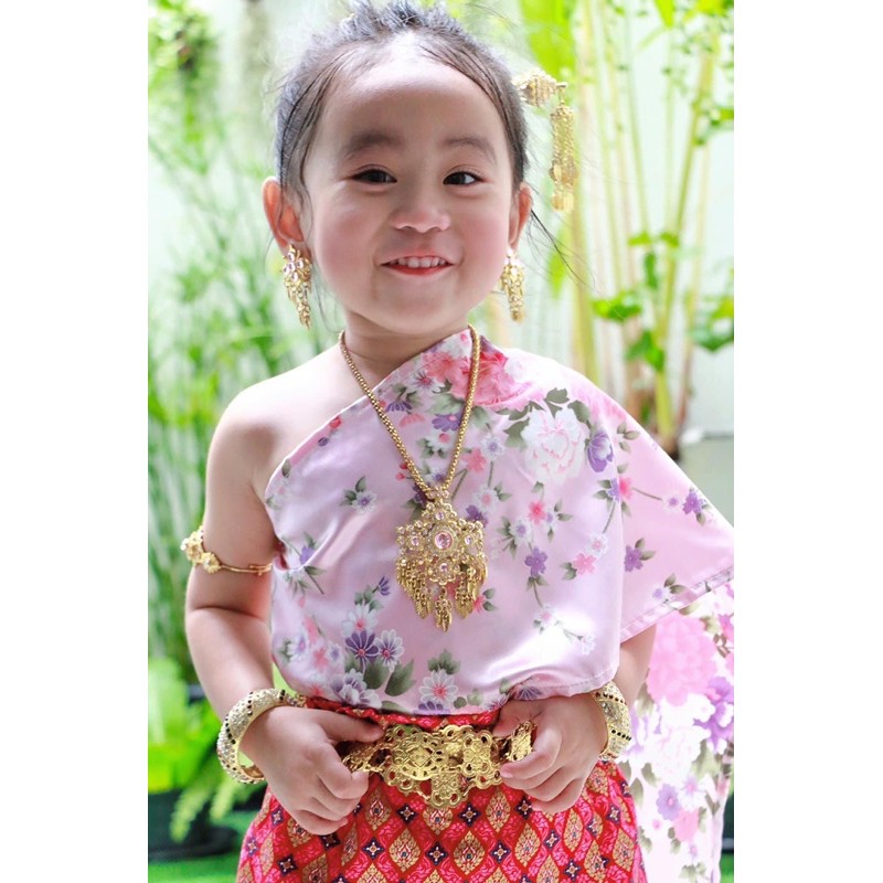 เซทสร้อยต่างหูพลอยชมพู เครื่องประดับชุดไทยเด็ก