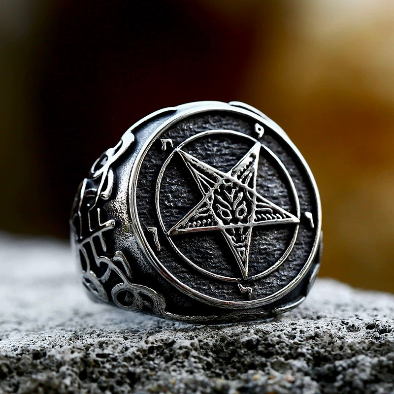 แหวนสแตนเลส ไทเทเนียม รูปดาวห้าแฉก ลาย Demon Satan สไตล์เรโทร สําหรับผู้ชาย