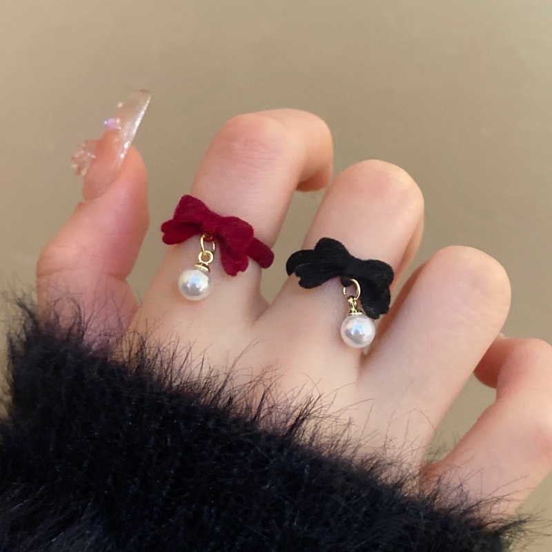 แหวนแฟชั่น ประดับโบว์ ไข่มุก สีแดง ปรับได้ สไตล์เกาหลี สําหรับผู้หญิง