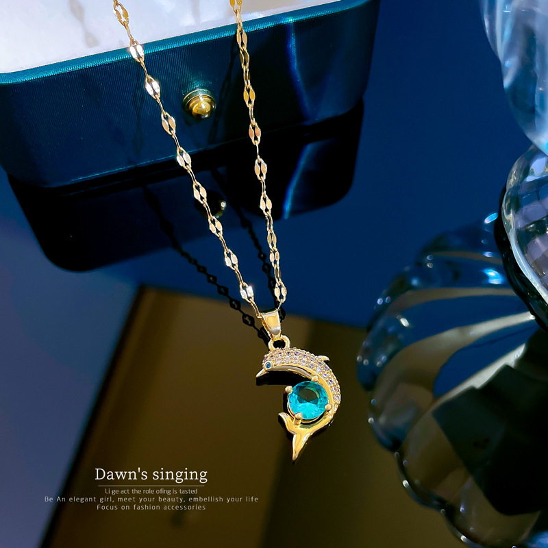 ⭐Y.H⭐ ปลาโลมาเพชร สีทอง 18K สร้อยคอสแตนเลส จี้ทองแดง