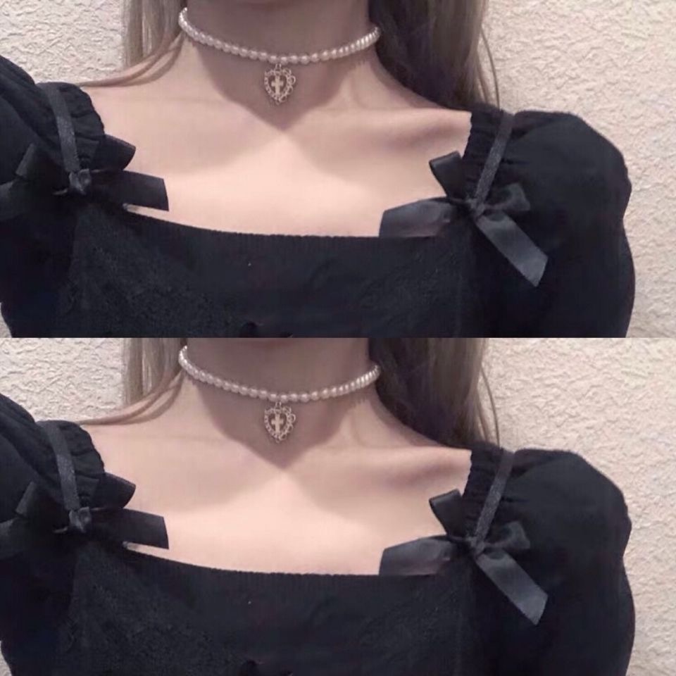 【MHANG】สร้อยคอมุกไขว้สุดหรูสไตล์วินเทจ เครื่องประดับแฟชั่นผู้หญิงรักกลวงอารมณ์หวาน