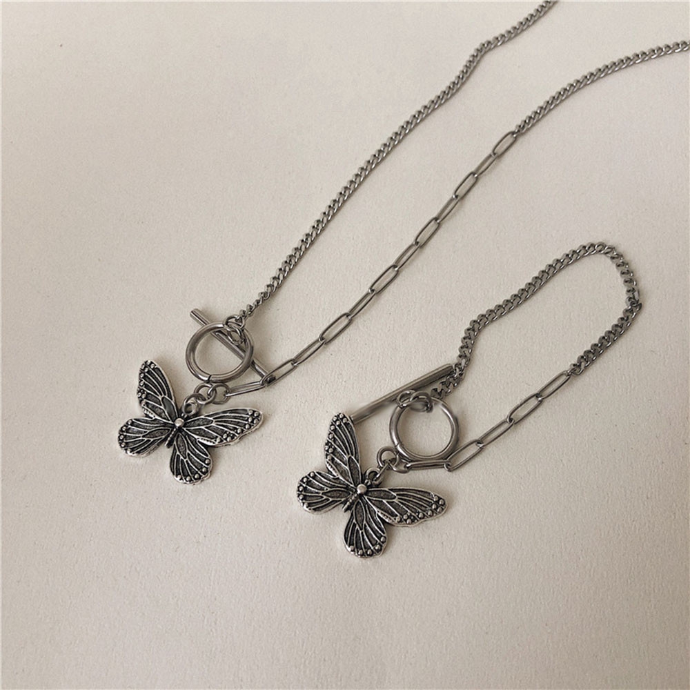 （A12-01-6）สร้อยคอสร้อยข้อมือจี้ผีเสื้อสีเงินสไตล์เกาหลี