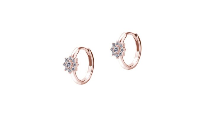 NooYoo ต่างหูสำหรับผิวแพ้ง่าย Hoop Flower with CZ Surgical Steel (ขาว/โรสโกลด์)