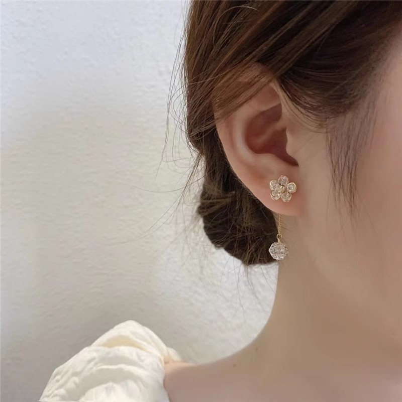 (3Lshop) ต่างหูเพทาย พู่ ดอกไม้ สไตล์เกาหลี เครื่องประดับแฟชั่น สําหรับผู้หญิง
