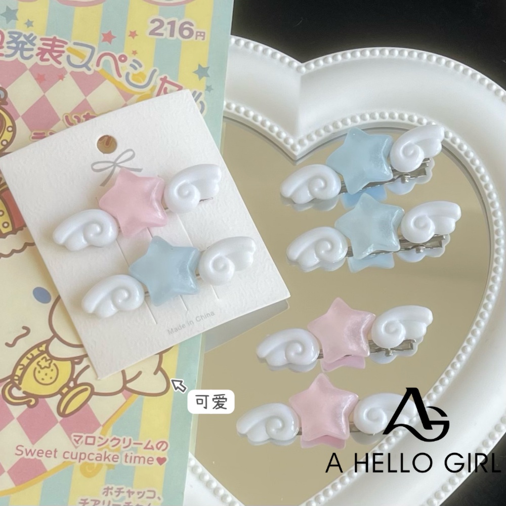 A HELLO GIRL กิ๊บติดผม ลายการ์ตูนปีกดาวน่ารัก สีชมพู สีฟ้า สีชมพู สําหรับเด็กผู้หญิง