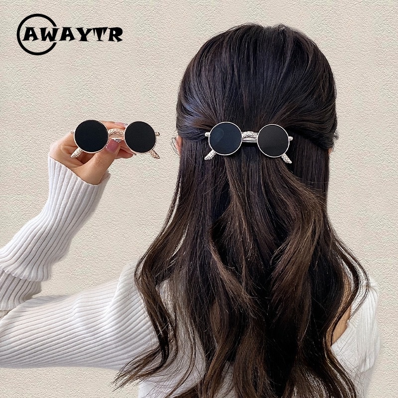 Awaytr กิ๊บติดผม แว่นตากันแดด สีดํา เครื่องประดับ สําหรับผู้หญิง