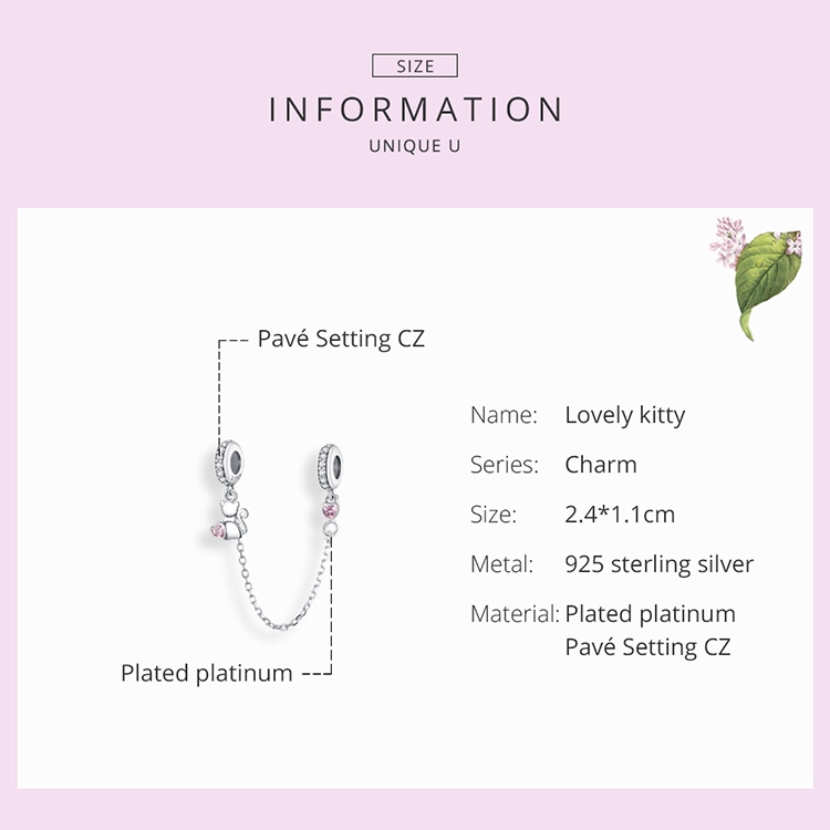 BAMOER 925 Sterling Silver Cat Heart Safety Chain with Silicone Charm