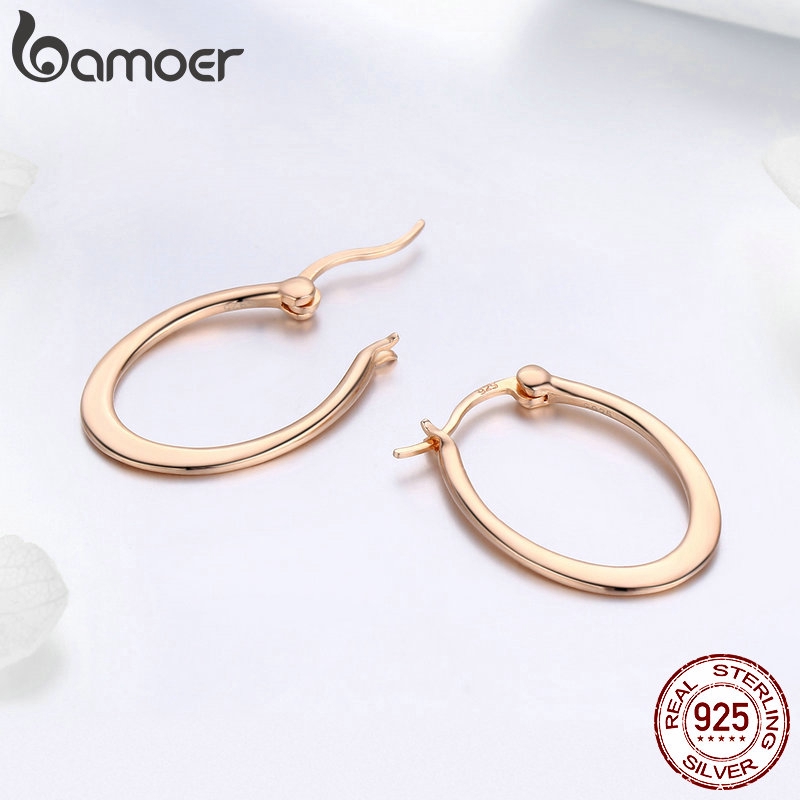BAMOER ต่างหูห่วงเงินแท้ สีโรสโกลด์ เรียบง่าย