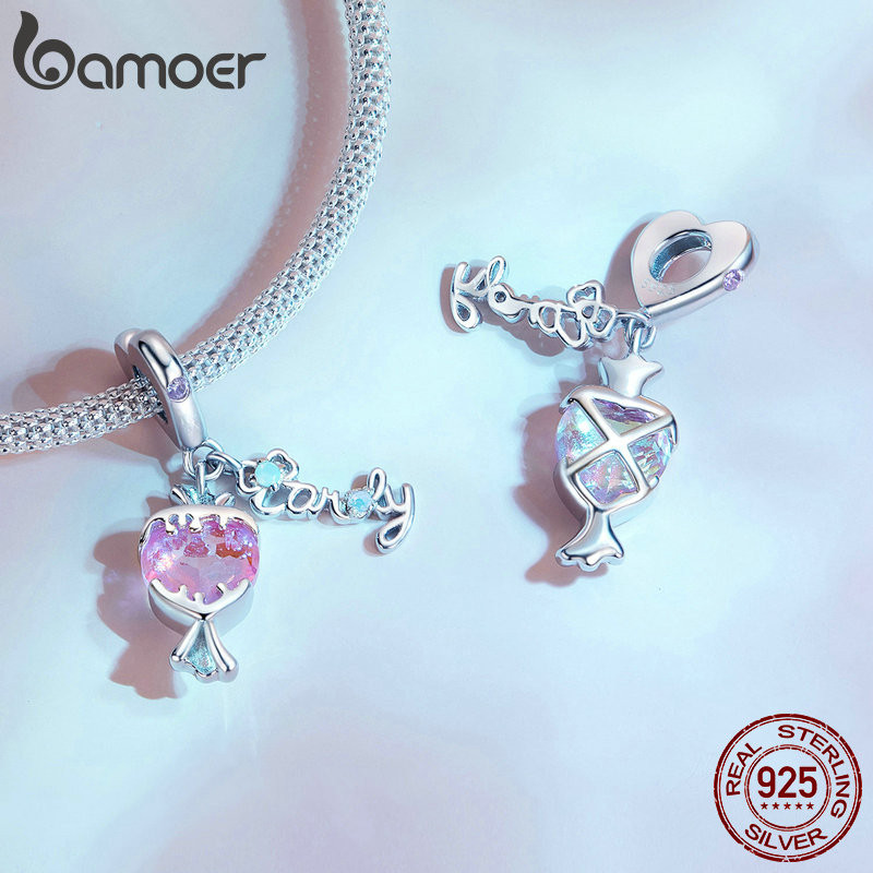 Bamoer สร้อยข้อมือ เงินแท้ 925 จี้รูปดาว หัวใจ สีชมพู เครื่องประดับ สําหรับผู้หญิง คู่รัก DIY