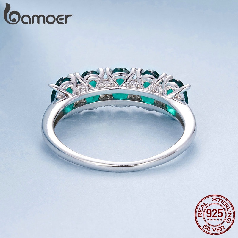 Bamoer แหวนเงินแท้ 925 ประดับเพทาย สีเขียว หรูหรา เครื่องประดับแฟชั่น สําหรับผู้หญิง
