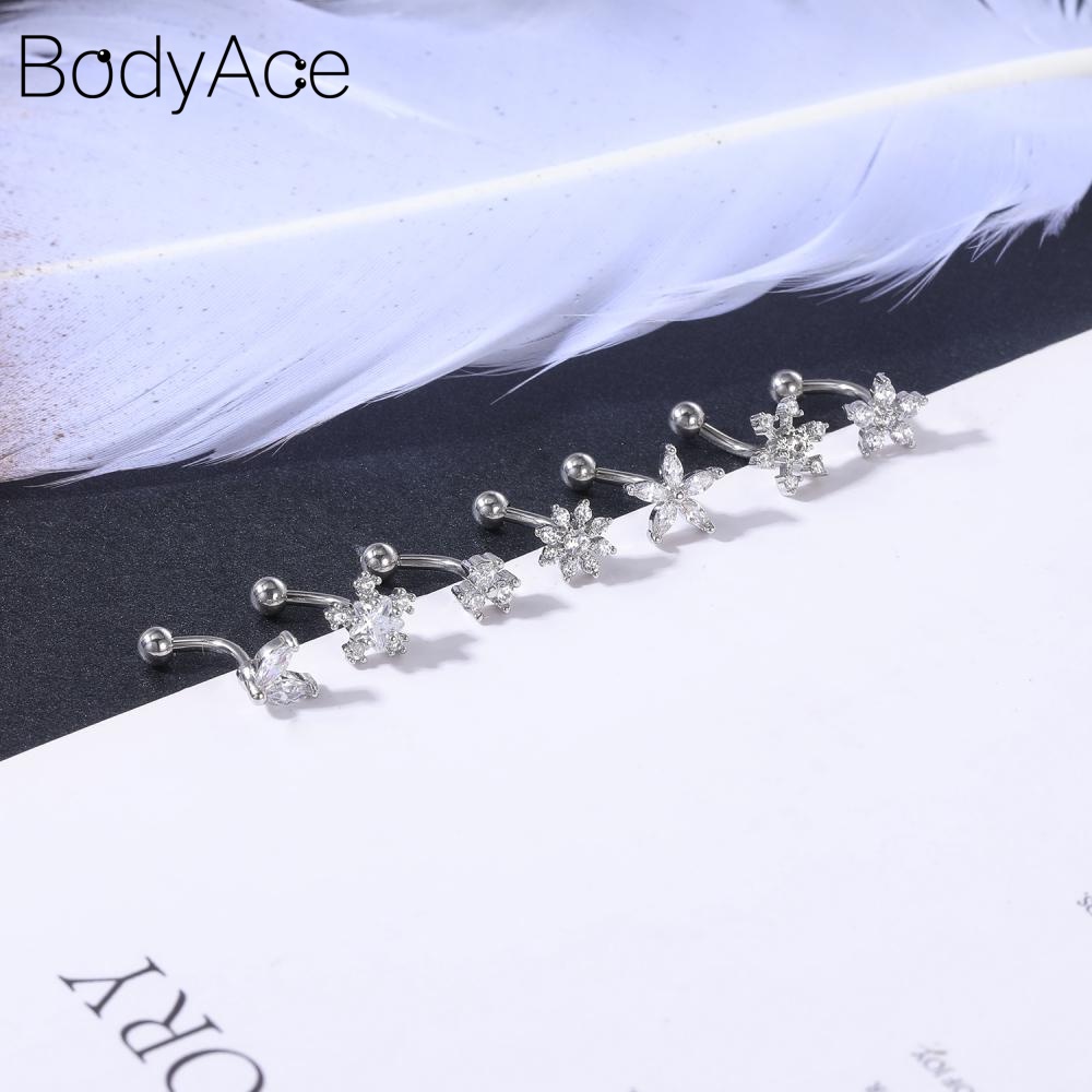 Bodyace 1 ชิ้น สเตนเลส คิ้ว เจาะ ดอกไม้ คริสตัล ลิป แหวน เอเลี่ยน โค้ง บาร์เบล เกลียว เจาะ ต่างหู