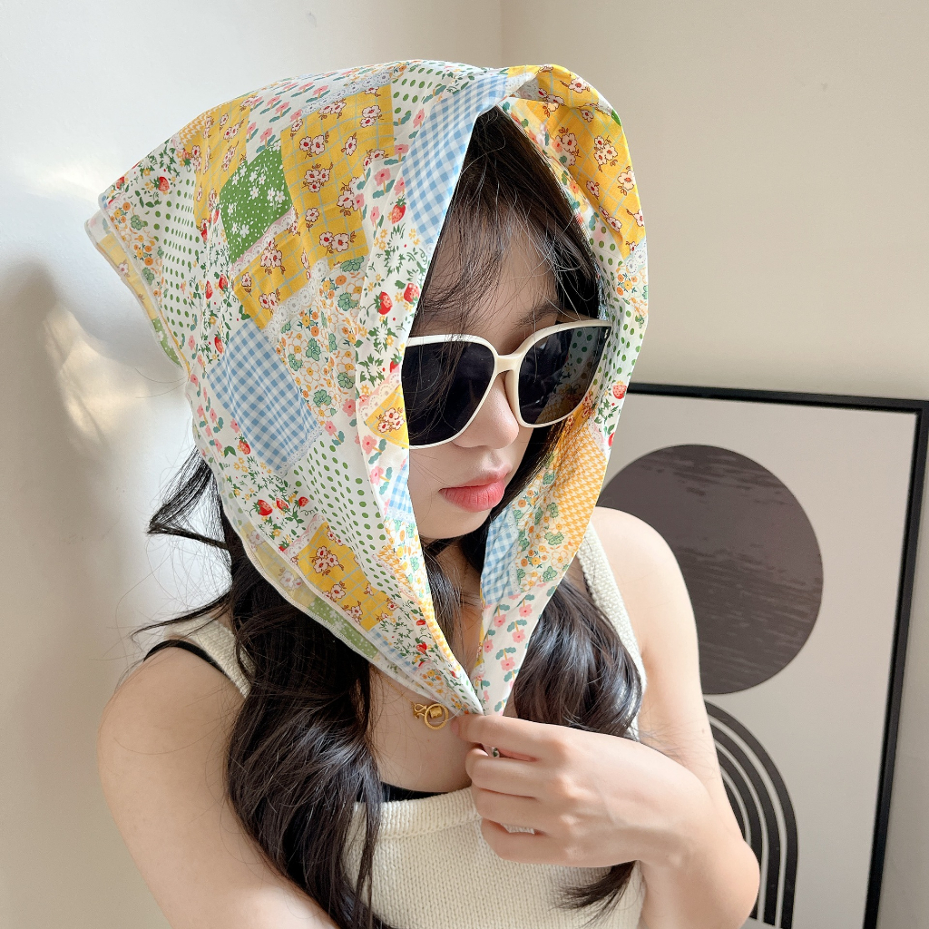 CICI ผ้าพันคอ ผ้าฝ้าย ทรงสี่เหลี่ยม ลายดอกไม้ อเนกประสงค์ สไตล์เกาหลี